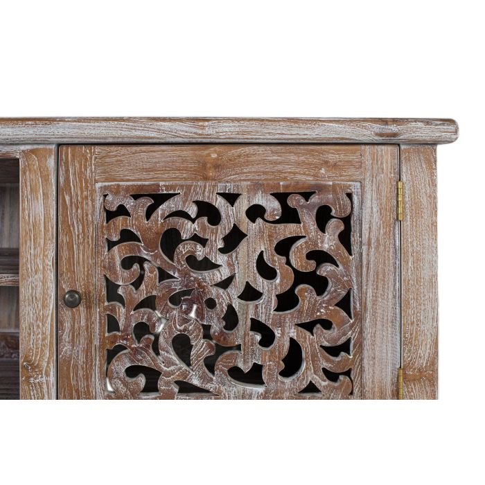 GINER Y COLOMER Buffet TV en bois de teca finition blanc lavé avec sculptures artisanales, 2 portes, 190 x 42 x 64 cm 4 GINER Y COLOMER Buffet TV en bois de teca finition blanc lavé avec sculptures artisanales, 2 portes, 190 x 42 x 64 cm 4