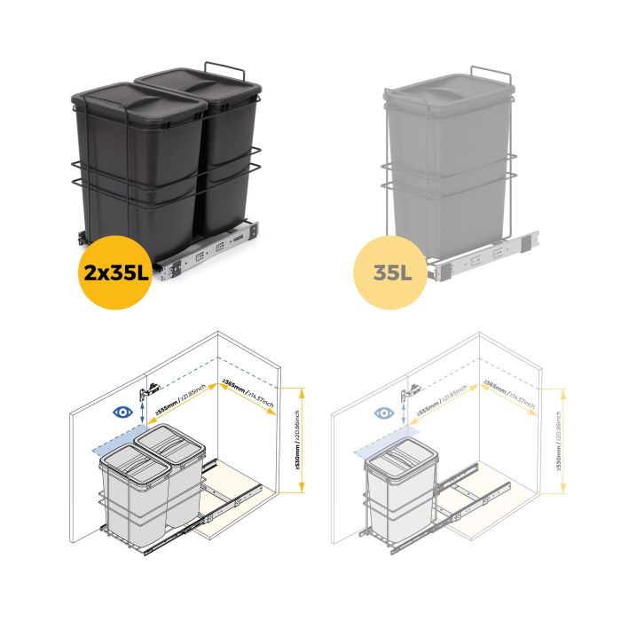 Emuca poubelle de recyclage pour montage inférieur et extraction manuelle pour meuble de cuisine Recycle 2x35litres, Plastique gris anthracite 8