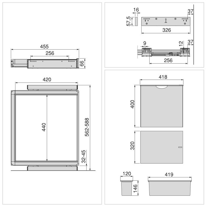 Emuca Kit plateau auxiliaire, panier et rack ajustable Quartz pour armoires, glissières extension totale et à fermeture douce, Module 60cm, Finition Titane 11
