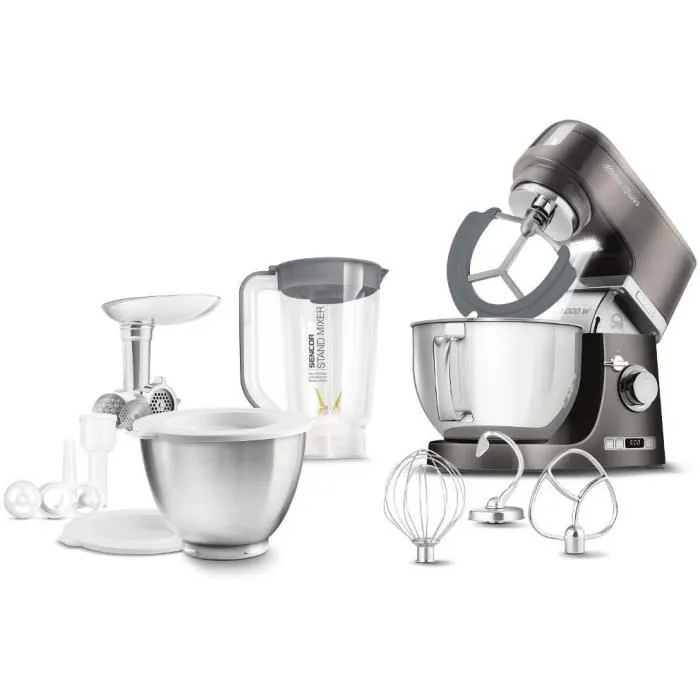 Sencor STM 7878BK Robot Pâtissier 1000 W, Bol Inox 4,5 L, 8 Vitesses, Éclairage LED, Accessoires Amovibles