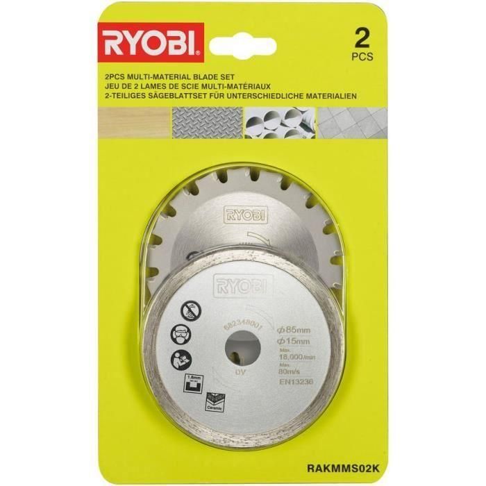 RYOBI - Kit 2 lames (1 lame pour bois/métal et 1 lame carrelage) 85 mm - alésage 15 mm pour scie multi-matériaux R18MMS - RAKMMS02K 1