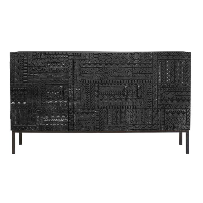 GINER Y COLOMER - Buffet en bois de manguier massif noir avec motif hiéroglyphe sculpté à la main et pattes en métal - 150 x 85 x 40 cm 0 GINER Y COLOMER - Buffet en bois de manguier massif noir avec motif hiéroglyphe sculpté à la main et pattes en métal - 150 x 85 x 40 cm 0