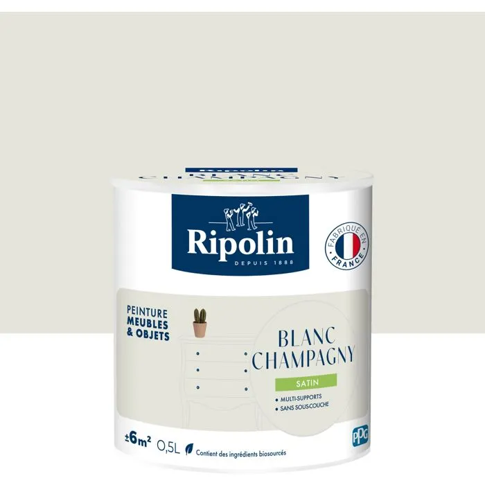 Ripolin - Peinture Meuble & Objet 0,5L Blanc Champagny Satiné - Peinture sans sous-couche pour bois, mélaminé, métal, intérieur/extérieur - 10% biosourcée