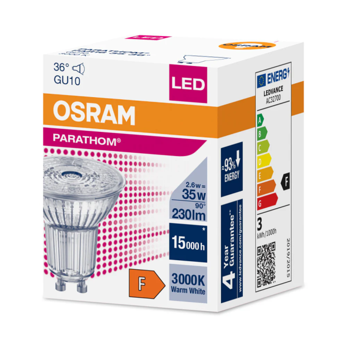 Ledvance / Osram LVE-4058075608191 Ampoule LED Spot GU10 2,6W 230Lm 3000K 36° IP20 Blanc Chaud 1