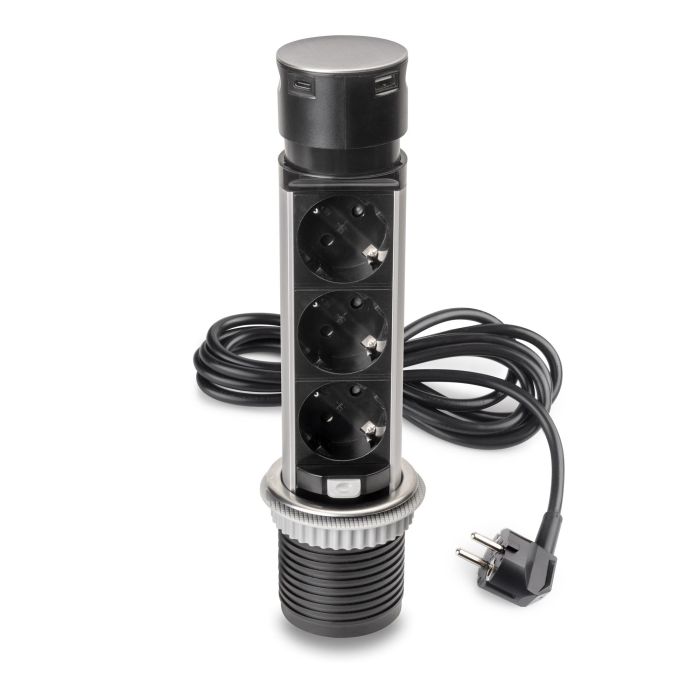 Emuca Multiconnecteur Vertikal Push 60, diamètre 60 mm, 3 prises de type Schuko, 1 USB de type A, 1 USB de type C, Acier et plastique, Acier inoxydable 1