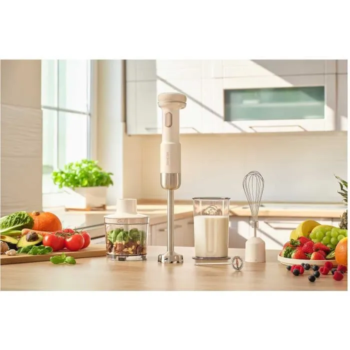 SENCOR Mixeur Plongeant Sans Fil SHB 9130WH - 11.1 V - Batterie Li-Ion - Avec Hachoir 500 ml, Tasse 700 ml, Mousseur à Lait et Batteur - Blanc