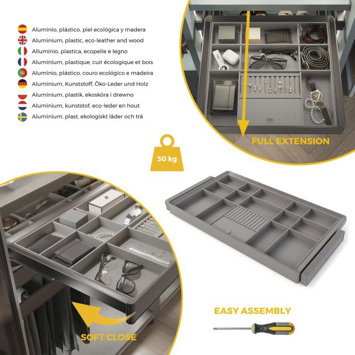 Emuca Kit tiroir organisateur et rack ajustable Quartz pour armoires, glissières extension totale et à fermeture douce, Module 90cm, Finition Titane 6