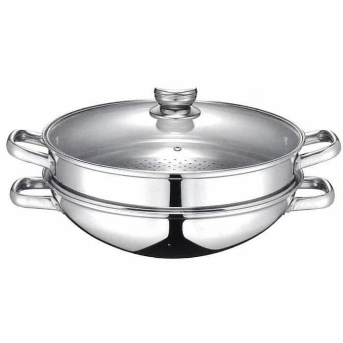 Baumalu Wok 2 en 1, 32 cm, Compatible tous feux dont induction, avec couvercle en verre