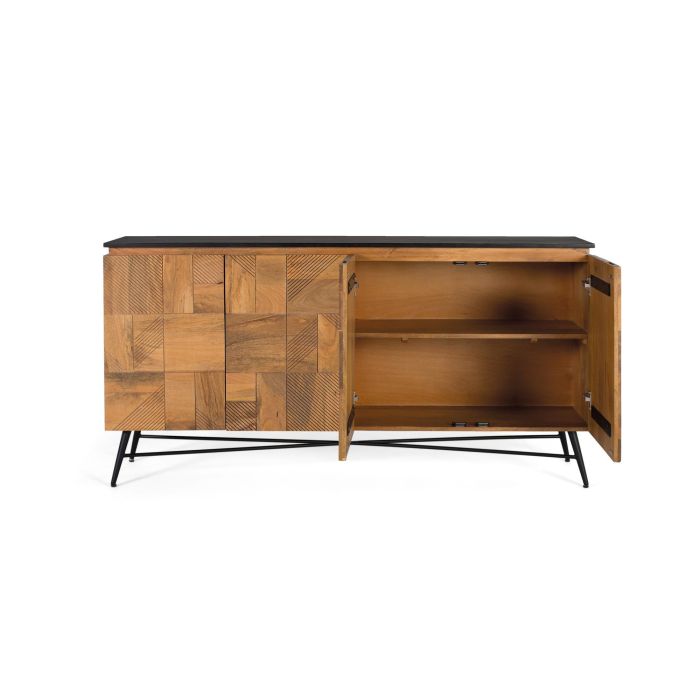 Buffet en Bois de Mango avec Dessus Noir, 4 Portes, Finition Naturelle, Structure Métallique, Design Moderne - 170 cm 2 Buffet en Bois de Mango avec Dessus Noir, 4 Portes, Finition Naturelle, Structure Métallique, Design Moderne - 170 cm 2