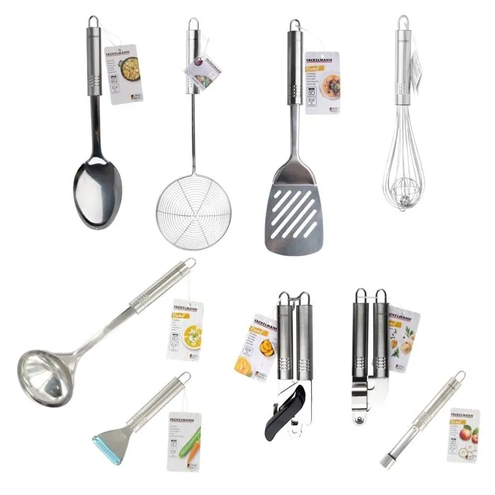 Fackelmann - Set de 9 ustensiles de cuisine en acier inoxydable, collection Ovale : Louche, écumoire, fouet, pelle, cuillère, presse-ail, éplucheur, vide-pommes, ouvre-boîtes