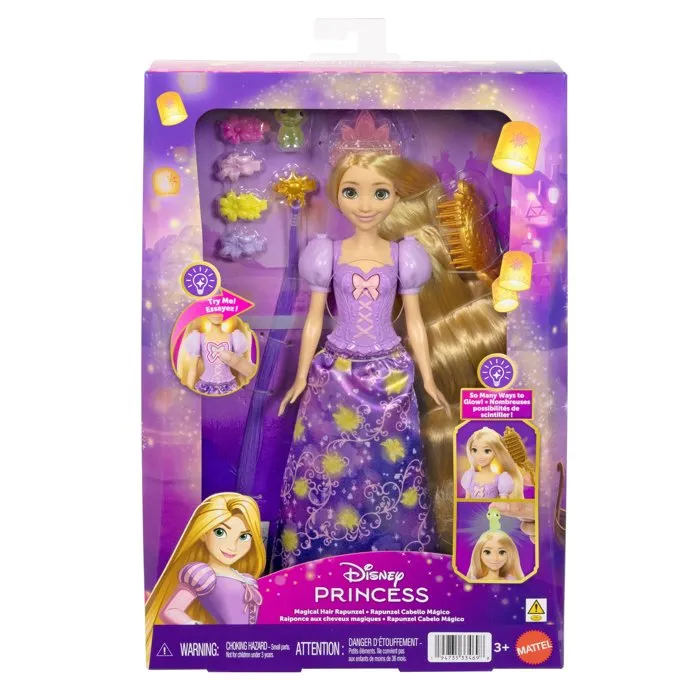Disney Princesses Raiponce JHL46 - Poupée aux cheveux magiques lumineux avec diadème, Pascal et 7 accessoires