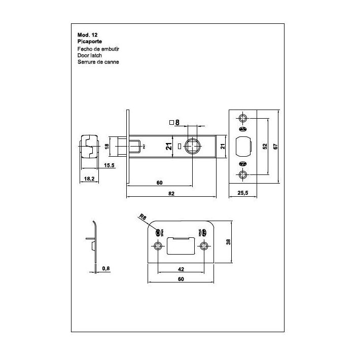 Picaporte Tubu C/Rec Nº12/45Mm. Cuero Cuadradillo 8Mm Frente 67X26Mm Amig 1