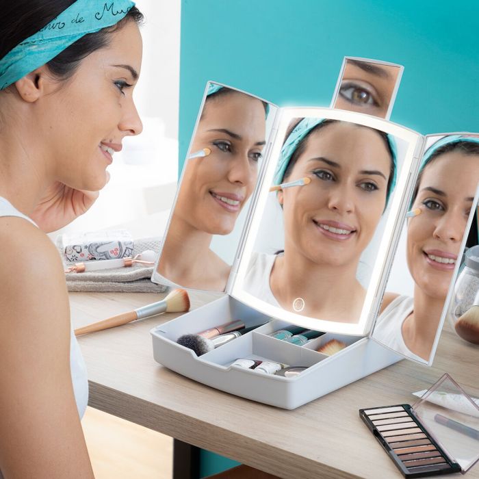 Miroir LED Pliable avec Organisateur de Maquillage 3-en-1 Panomir InnovaGoods