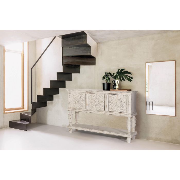GINER Y COLOMER Console en Bois de Mango Blanc Décaper 3 Portes Sculptées Main avec Étagère Inférieure et Pieds Tournés - 148x44x103 cm 7 GINER Y COLOMER Console en Bois de Mango Blanc Décaper 3 Portes Sculptées Main avec Étagère Inférieure et Pieds Tournés - 148x44x103 cm 7