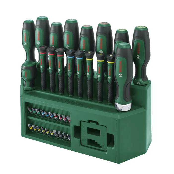 Bosch Set de 39 tournevis et embouts de précision avec cliquet, magnétiseur et rack de rangement - Tournevis mixtes, de précision et courts