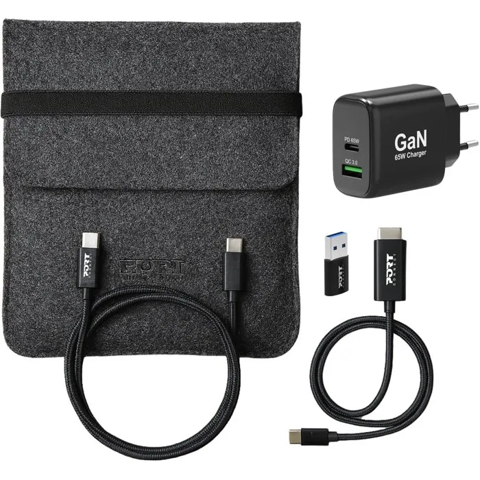 Port Designs - Chargeur GaN 65W - Pack 4 en 1 - Câble USB-C, Adaptateur, Câble HDMI 4K UHD - Housse de transport incluse