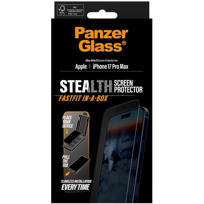 PanzerGlass Stealth Screen Protector w. Black Frame iPhone 17 Pro Max | Ultra-Wide Fit w. Fastfit in-a-box 2
