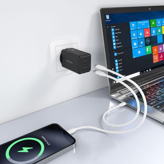 Chargeur mural Aisens ASCH-65W2P079-BK Noir 65 W Chargeur mural Aisens ASCH-65W2P079-BK Noir 65 W