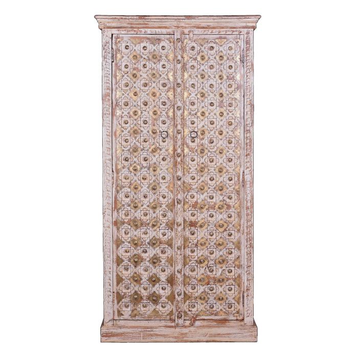 GINER Y COLOMER - Armoire 2 portes en bois de manguier massif couleur ivoire vieilli avec incrustations et boutons en bronze - 180x90x40 cm 1 GINER Y COLOMER - Armoire 2 portes en bois de manguier massif couleur ivoire vieilli avec incrustations et boutons en bronze - 180x90x40 cm 1