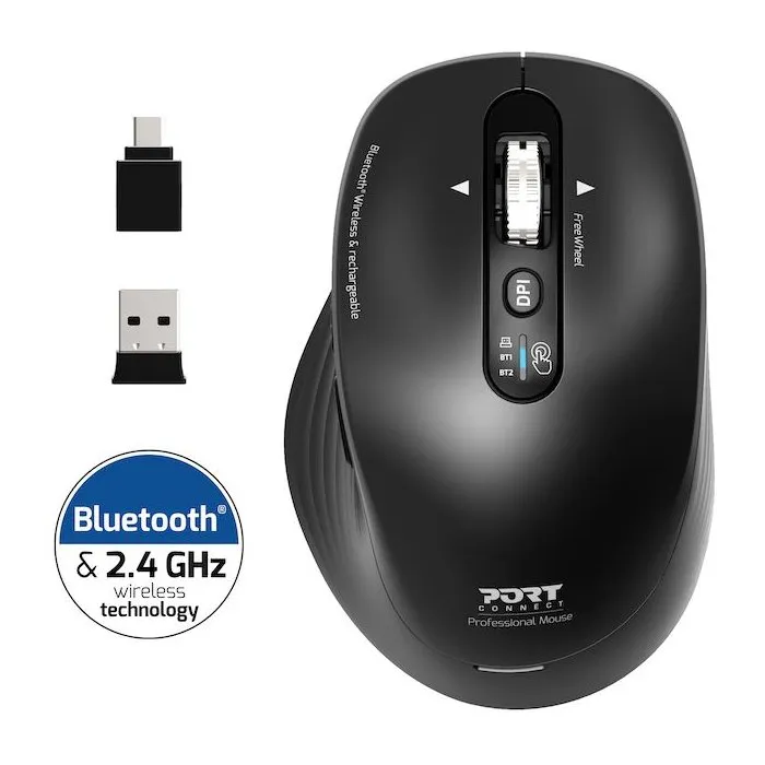 Port Designs Souris sans fil rechargeable BUSINESS 910202 - Bluetooth 5.0, 2.4 GHz, 4000 DPI, clics silencieux, FreeWheel, pour bureau professionnel - Noir Port Designs Souris sans fil rechargeable BUSINESS 910202 - Bluetooth 5.0, 2.4 GHz, 4000 DPI, clics silencieux, FreeWheel, pour bureau professionnel - Noir