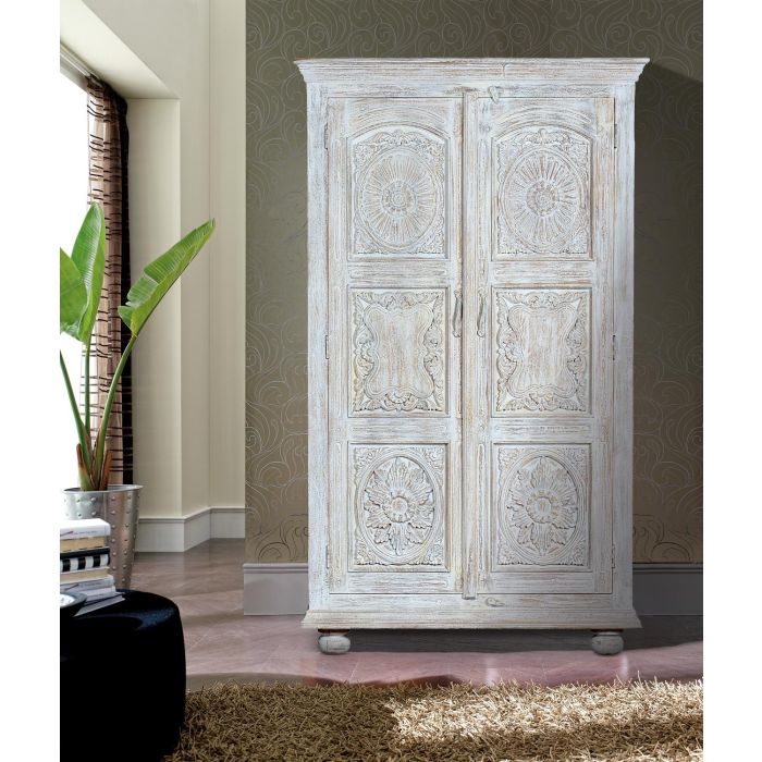Giner y Colomer - Armoire en bois de manguier 2 portes, style rustique, finition blanc vieilli, 200 cm (H) x 114 cm (L) x 40 cm (P), avec étagères 2 Giner y Colomer - Armoire en bois de manguier 2 portes, style rustique, finition blanc vieilli, 200 cm (H) x 114 cm (L) x 40 cm (P), avec étagères 2