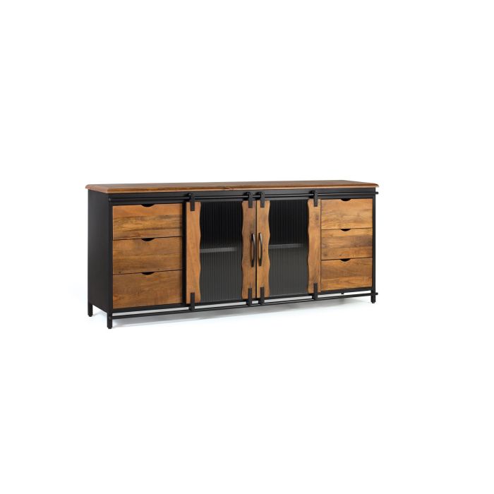 GINER Y COLOMER - Buffet industriel en bois de manguier et métal noir, 2 portes coulissantes, 6 tiroirs, 190x80x40 cm, couleur naturel et noir 1