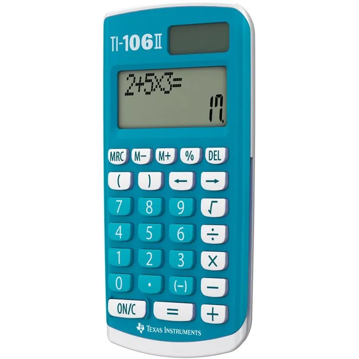 Texas Instruments TI-106 II Calculatrice solaire pour école primaire avec écran 2 lignes et protection - Bleu Texas Instruments TI-106 II Calculatrice solaire pour école primaire avec écran 2 lignes et protection - Bleu