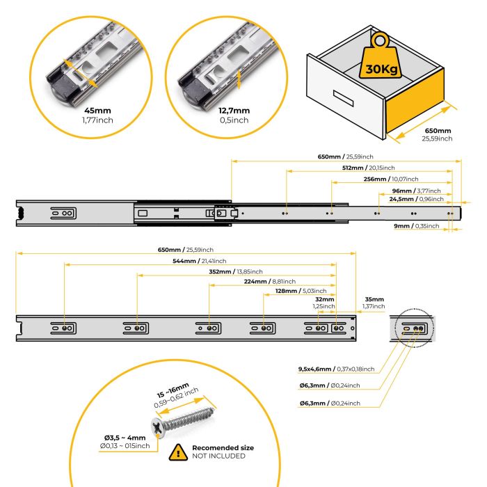 Emuca Lot de 5 coulisses pour tiroirs, roulement à billes, hauteur 45mm, profondeur 650mm, sortie totale, zingué 7
