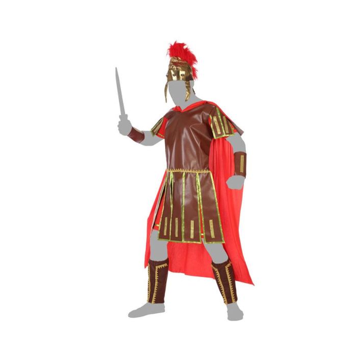 Costume Gladiateur Romain Homme Adulte Taille XS-S - Capuche Rouge, Tunique Brune, Casque, Protèges-poignets et Tibias - Polyester