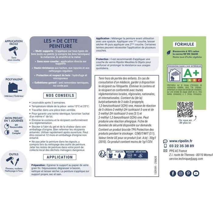 Ripolin Peinture Meuble et Objet Blanc Satiné 1L - Pour Bois, Mélaminé, Stratifié, Métal - Sans Sous-Couche - Intérieur/Extérieur