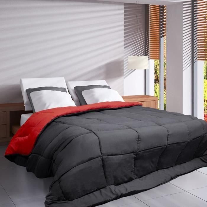 HUDSON Couette légere Microfibre 200g/m² 220x240cm Gris & Rouge 1