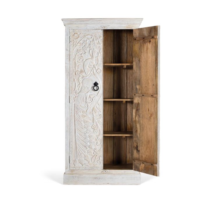 GINER Y COLOMER - Armadio en bois de manguier blanc style ethnique avec portes sculptées à la main - 155x36 cm (portes) 2