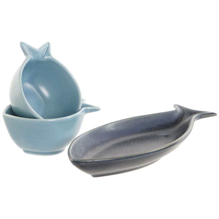 Ensemble à apértif Home ESPRIT Bleu Bleu ciel Porcelaine Acacia méditerranéen Poissons 19,5 x 16,5 x 1,3 cm 4 Pièces 2