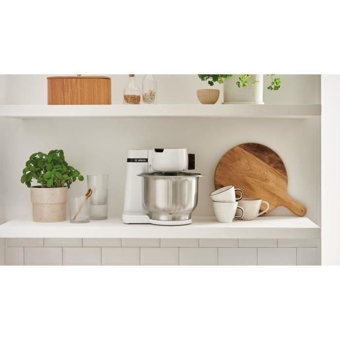 Bosch MUMS2EW00E Robot pâtissier Multiusage - Série 2 - 700 W - Bol inox 3,8 L - 4 vitesses - Avec fouets et crochet pétrisseur - Blanc