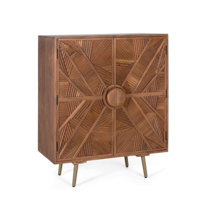 GINER Y COLOMER Buffet haut en bois de manguier massif avec portes sculptées géométriques, structure avellana sur pieds métalliques coniques, hauteur totale 150 cm, 2 portes 1