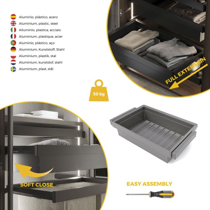 Emuca Kit panier métallique et rack ajustable Quartz pour armoires, glissières extension totale et à fermeture douce, Module 80cm, Finition Titane 6