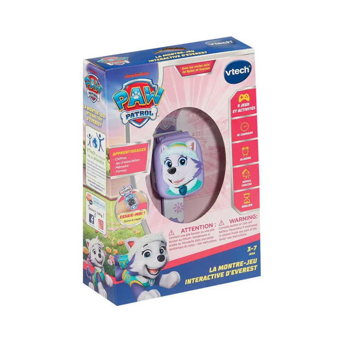 VTech - Pat Patrouille - Montre interactive Everest pour enfant 3-7 ans avec écran LCD et lumière - Violet - Français