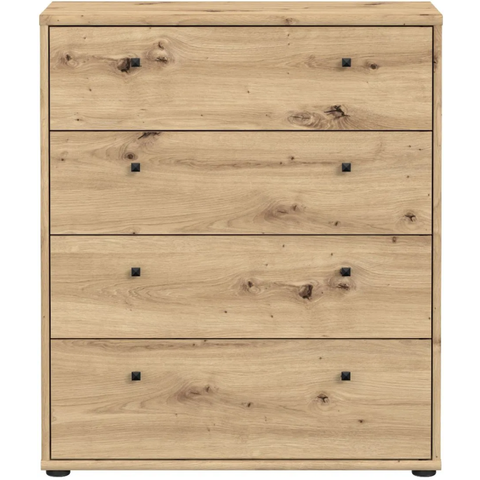 Commode TEMPRA 4 tiroirs en chêne artisan, rangement chambre ou salon, dimensions 73.7 x 34.8 x 85.5 cm