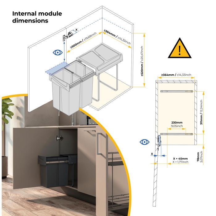 Emuca bac de tri sélectif a montage inférieur et extraction manuelle pour élément de cuisine Recycle, 2x25litres, Plastique gris antracite 17