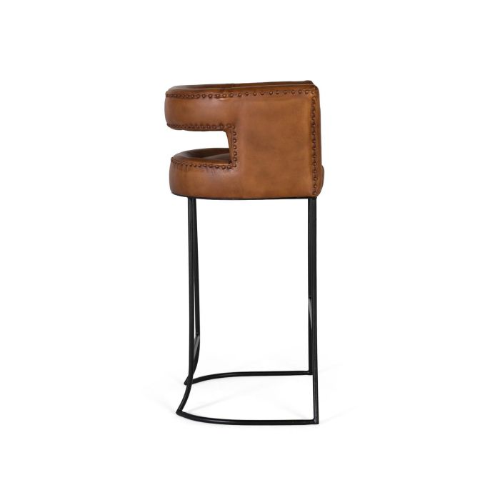 GINER Y COLOMER Tabouret en cuir naturel cognac avec structure métallique noire curviligne - Hauteur 101 cm, largeur 60 cm 2