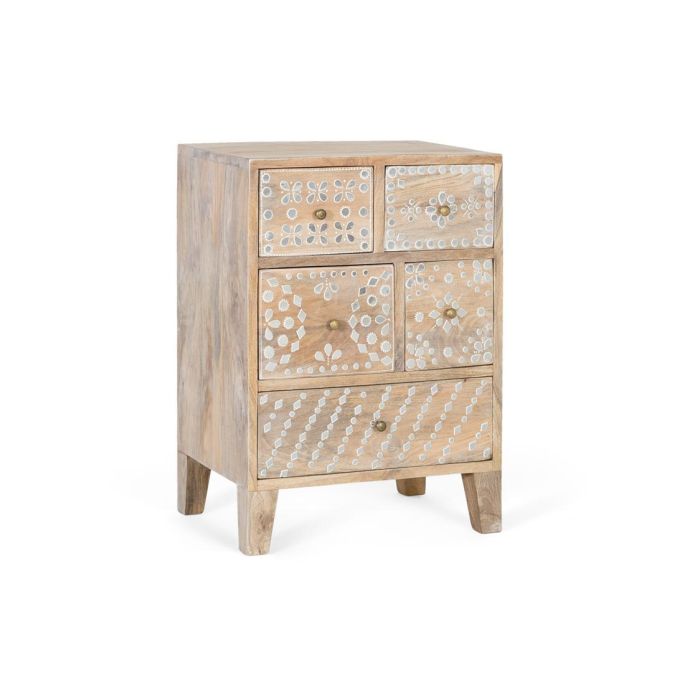 GINER Y COLOMER Table de chevet 5 tiroirs en bois de manguier massif, façade peinte à la main, finition naturelle - Meuble de chambre 1 GINER Y COLOMER Table de chevet 5 tiroirs en bois de manguier massif, façade peinte à la main, finition naturelle - Meuble de chambre 1