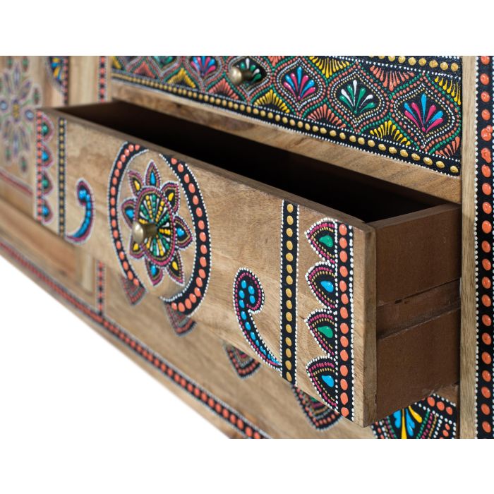 Giner y Colomer - Meuble TV en bois de manguier massif 150 cm, fabriqué à la main avec 3 tiroirs et 2 portes, finition naturelle et détails peints à la main 4