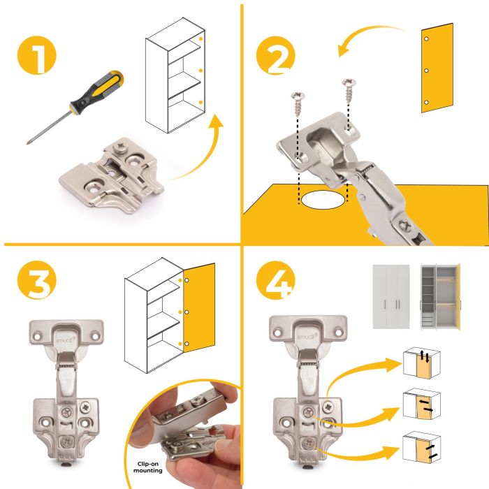 Emuca Lot de 20 charnières coudées X92 avec fermeture amortie avec embases à visser, Hauteur 0, Acier, Nickelé 7
