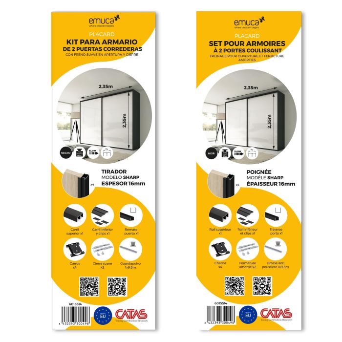 Emuca Kit de quincaillerie pour armoire à 2 portes coulissantes avec fermeture souple Placard 74, Modèle de poignée Sharp, épaisseur 16mm, panneaux non inclus, Peint en Noir 3 Emuca Kit de quincaillerie pour armoire à 2 portes coulissantes avec fermeture souple Placard 74, Modèle de poignée Sharp, épaisseur 16mm, panneaux non inclus, Peint en Noir 3