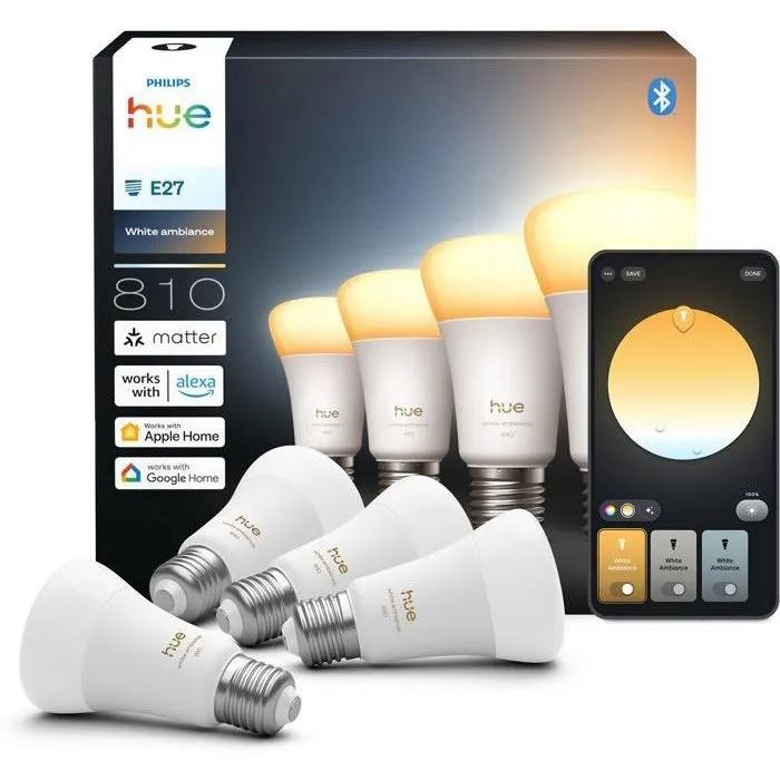 Philips Hue - Pack de 4 ampoules LED connectées A60 - Blanc chaud 2700K - E27 6W - 810 lumens - Contrôle par application Philips Hue - Pack de 4 ampoules LED connectées A60 - Blanc chaud 2700K - E27 6W - 810 lumens - Contrôle par application