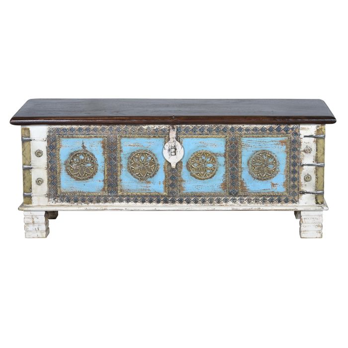 GINER Y COLOMER Buffet en bois de manguier blanc vieilli et cerisier avec détails bleus et bronze - 116 x 40 x 45 cm, grande capacité 1
