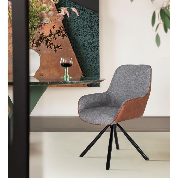 GINER Y COLOMER Lot de 2 Chaises de Bureau Giratoires avec Accoudoirs - Siège Rembourré en Tissu Gris et Simili Cuir Brun - Structure en Acier Tubulaire Noir 6