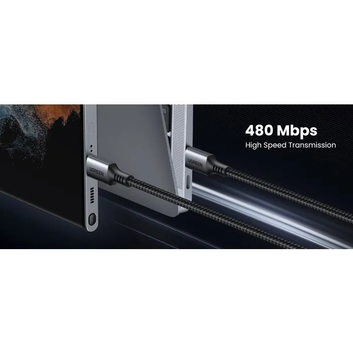 Ugreen Câble USB-C 1 m Nylon Tressé Noir - Charge Rapide 60W PD, Transfert de Données, Compatible Smartphone, Tablette, PC Portable