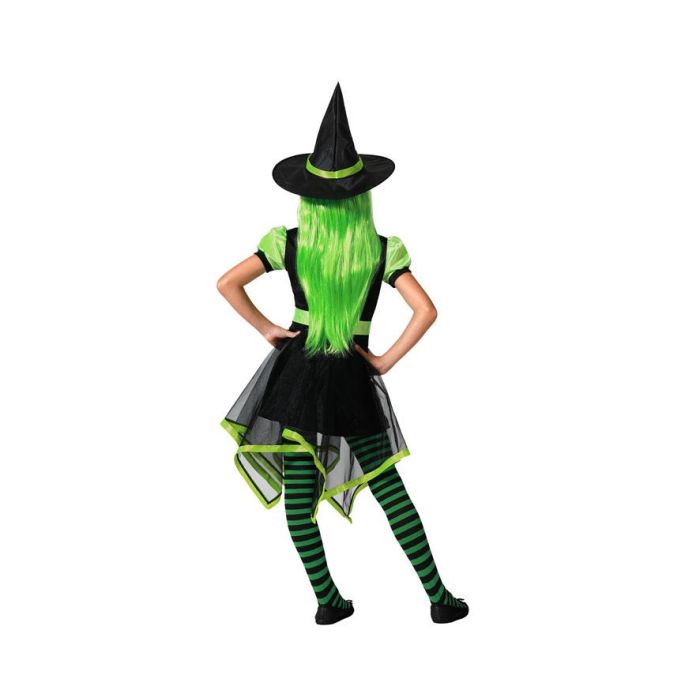 Déguisement Enfant Fille Sorcière avec Robe Courte et Jupe Asymétrique Vert - Chapeau Pointu Inclus - Halloween, Carnaval - Taille 5-6 Ans