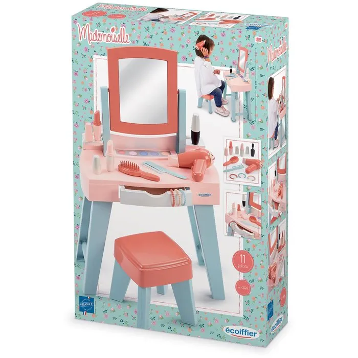 Ecoiffier Coiffeuse d'imitation pour fille et garçon - Ma première coiffeuse - 11 accessoires dont maquillage, sèche-cheveux, peigne - Jouet enfant 12 à 36 mois